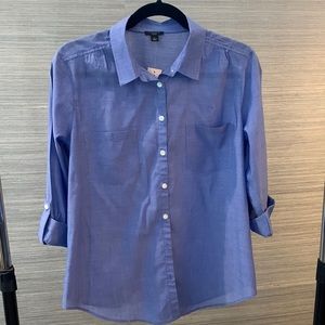 Ann Taylor Factory l/s button down blue chambray blouse, Size: LG Petite